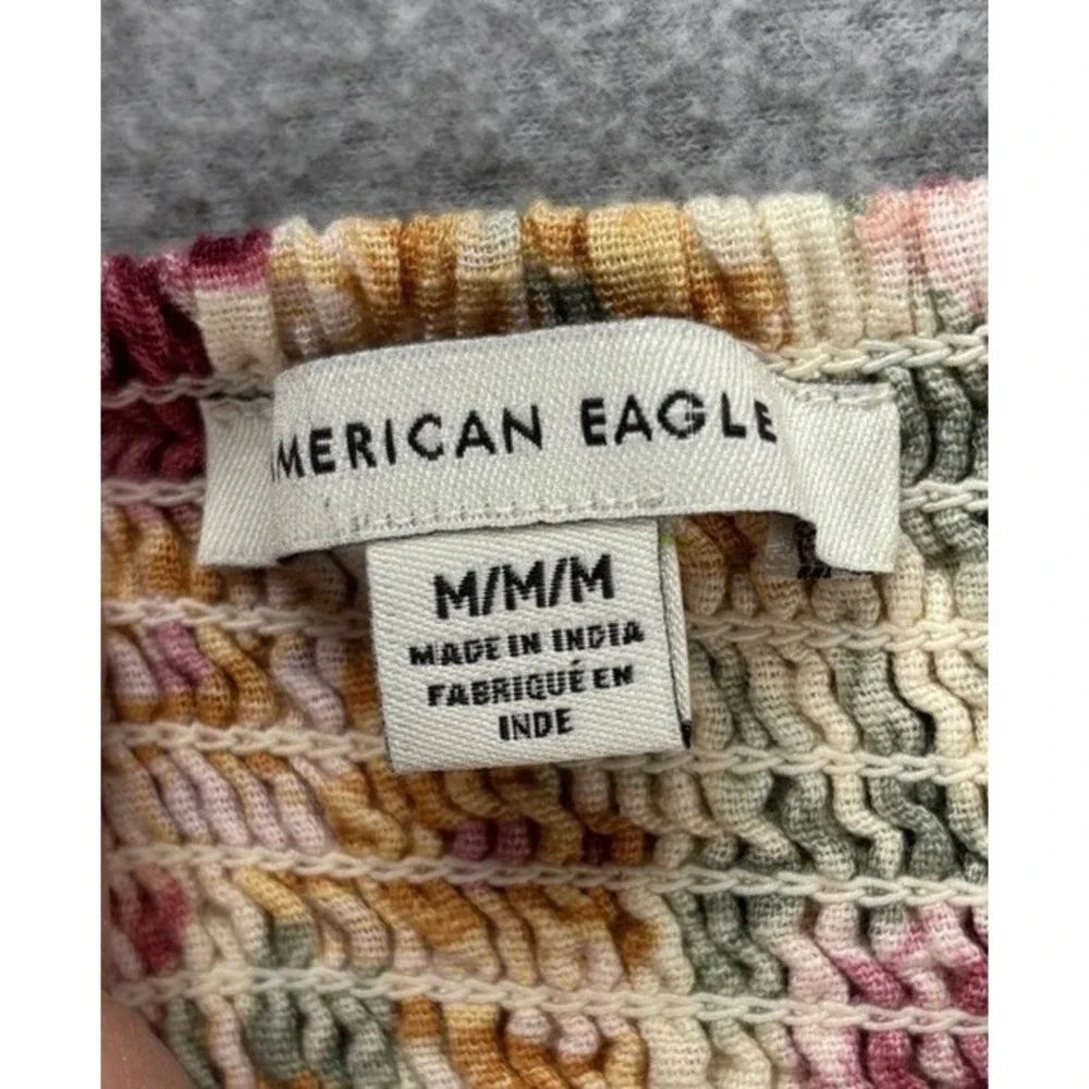 American Eagle Floral Ruched‎ Mini Dress Linen Cotton Puff Sleeve Cottagecore M